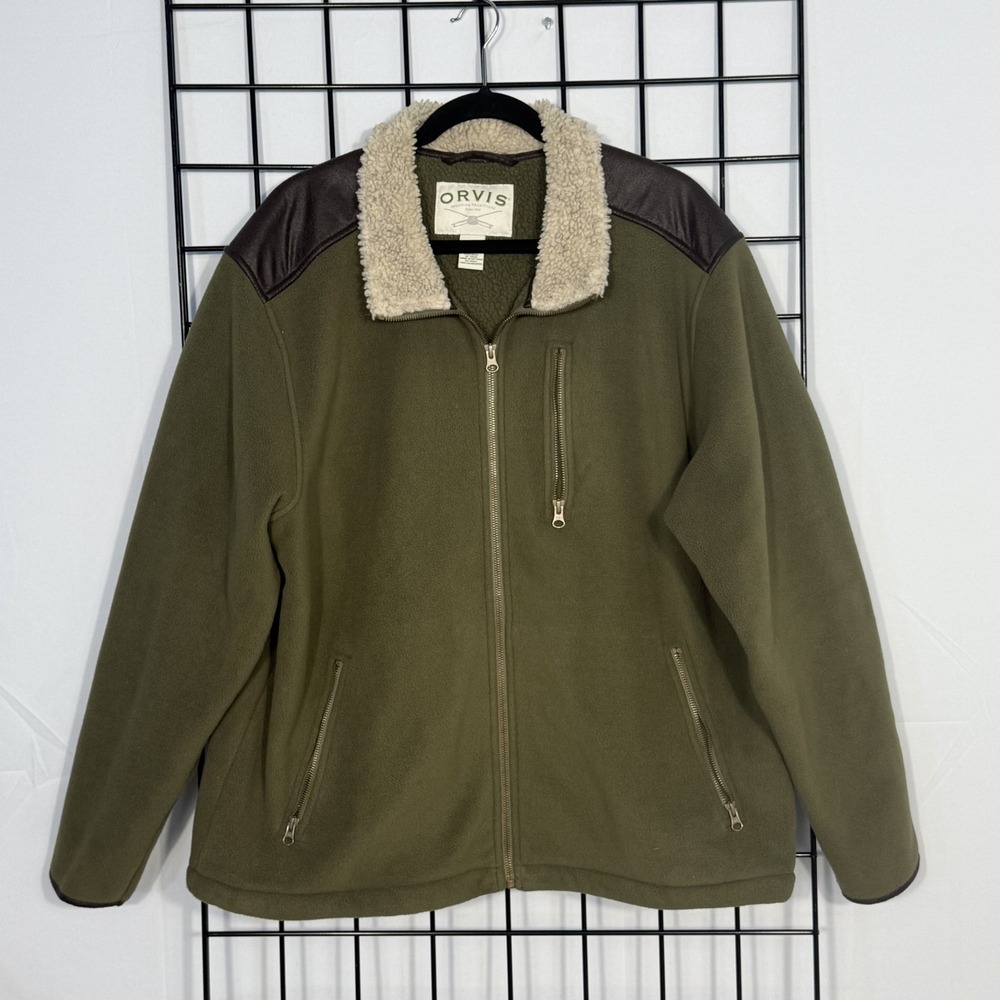 Orvis Sherpa Collar Fleece Jacket Mens L Large Green Faux Shearling Gorpcore